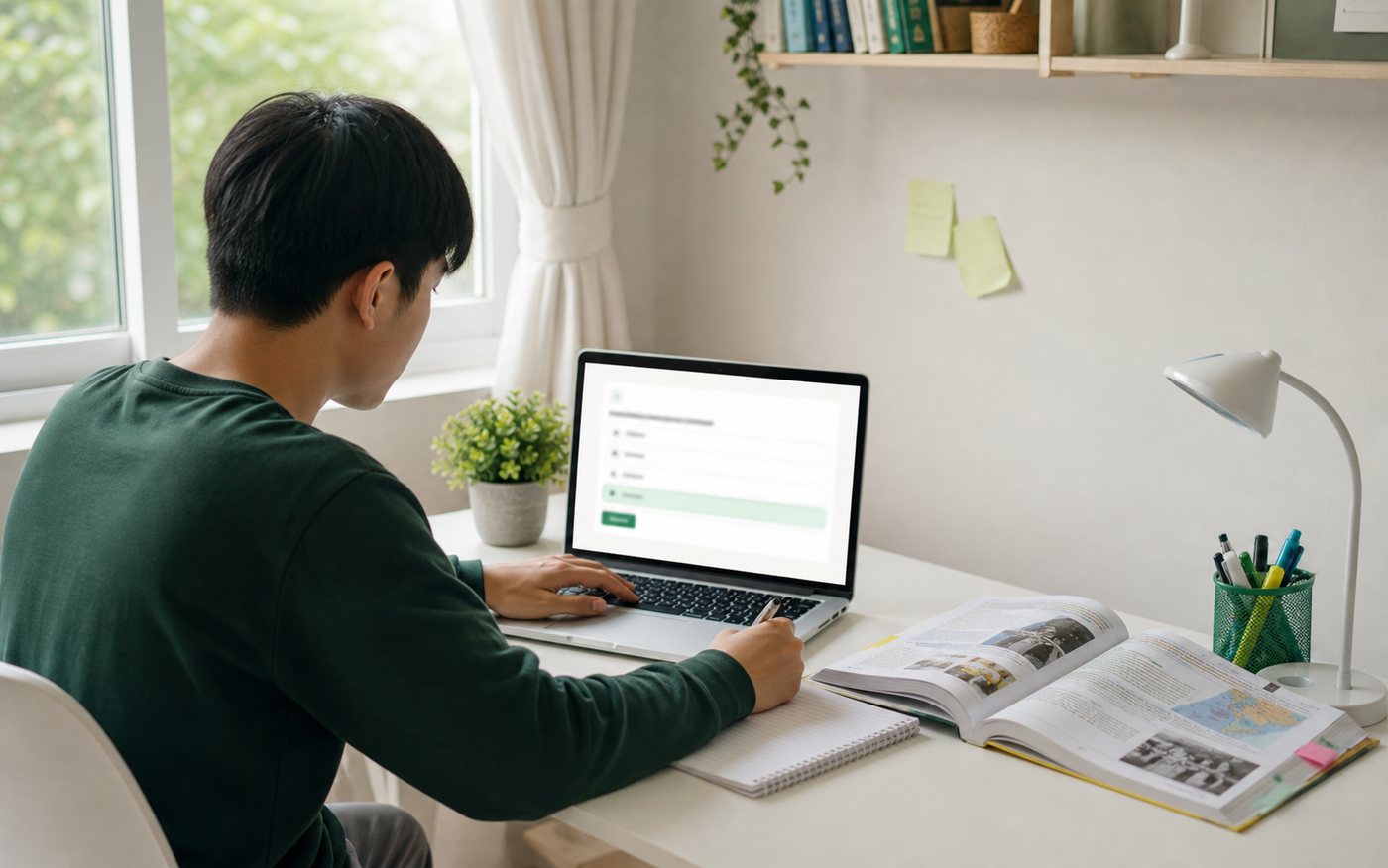 Pelajar membuat latihan Sejarah SPM secara online